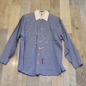 Tommy Hilfiger Striped Blue Dress Shirt with White Collar